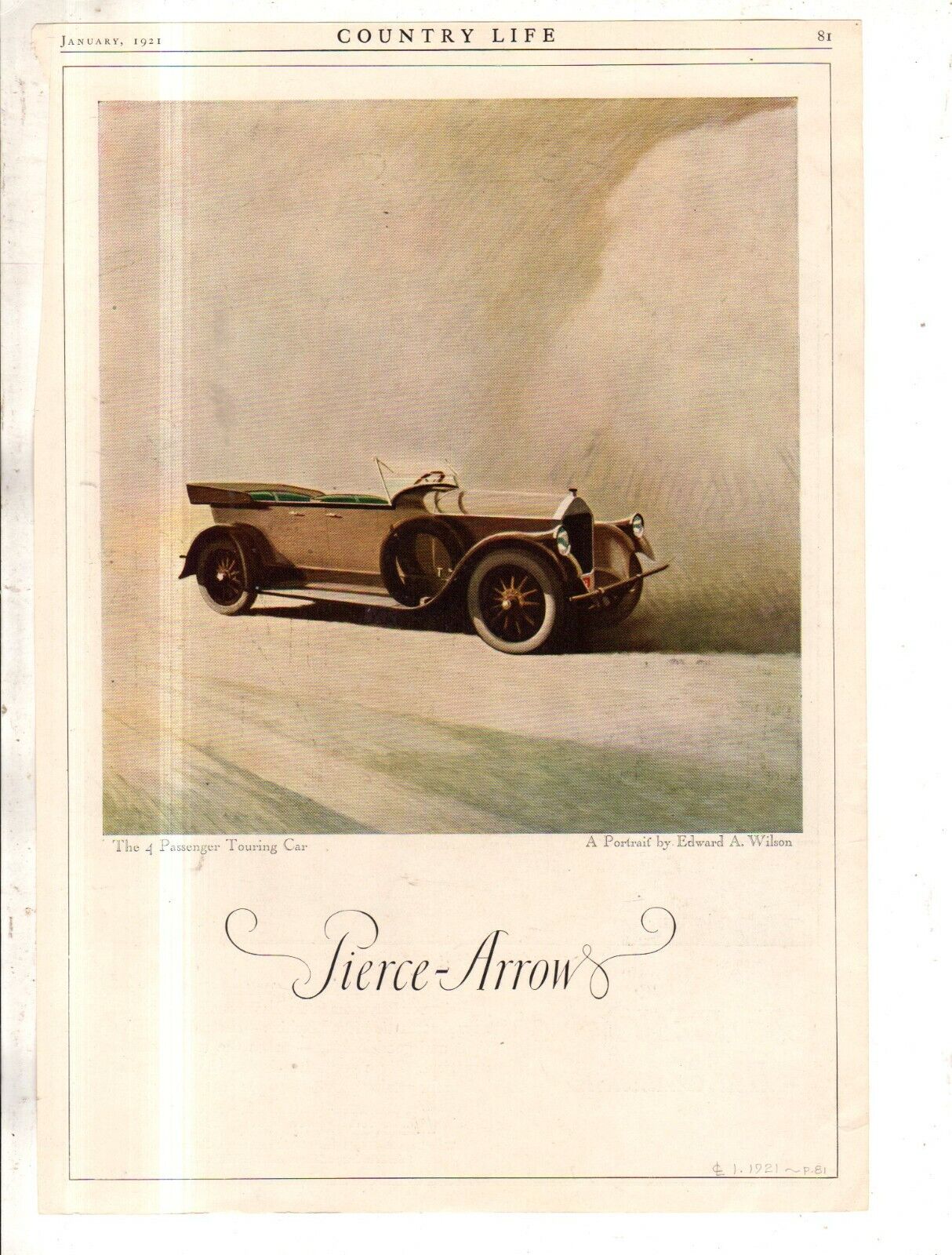 1921 Pierce Arrow 4 Passenger Touring Original ad from Country Life -
