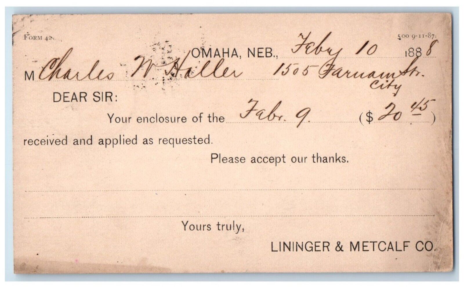 1888 Enclosure Received Charles W Haller Lininger Metcalf Omaha NE Postal Card