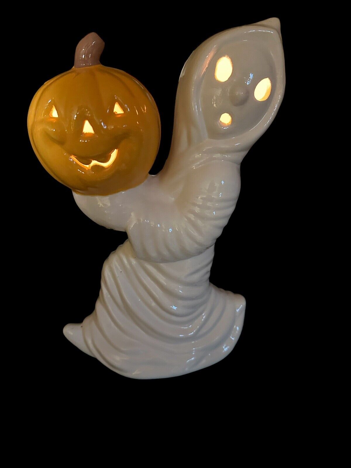 Hand Painted Ceramic Halloween Sculpture 12” Ghost With Pumpkin From Vintage