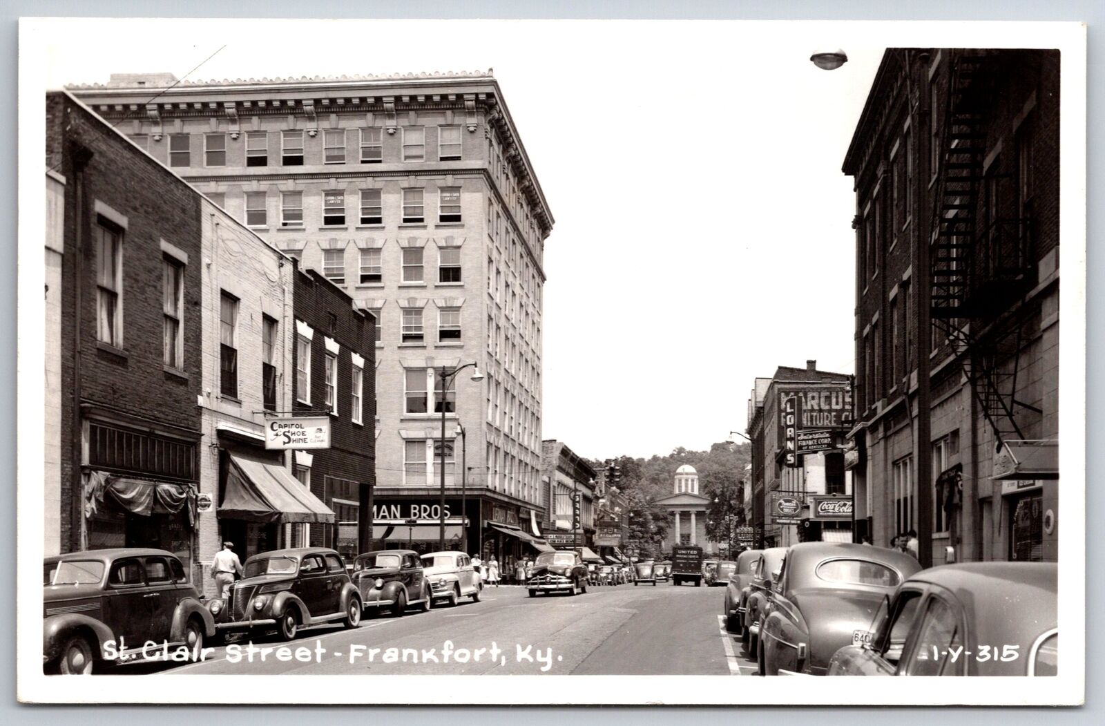 Frankfort KY St Clair Street & Capitol Shoe Shine Store~Loan Co~Rexall~RPPC 1950