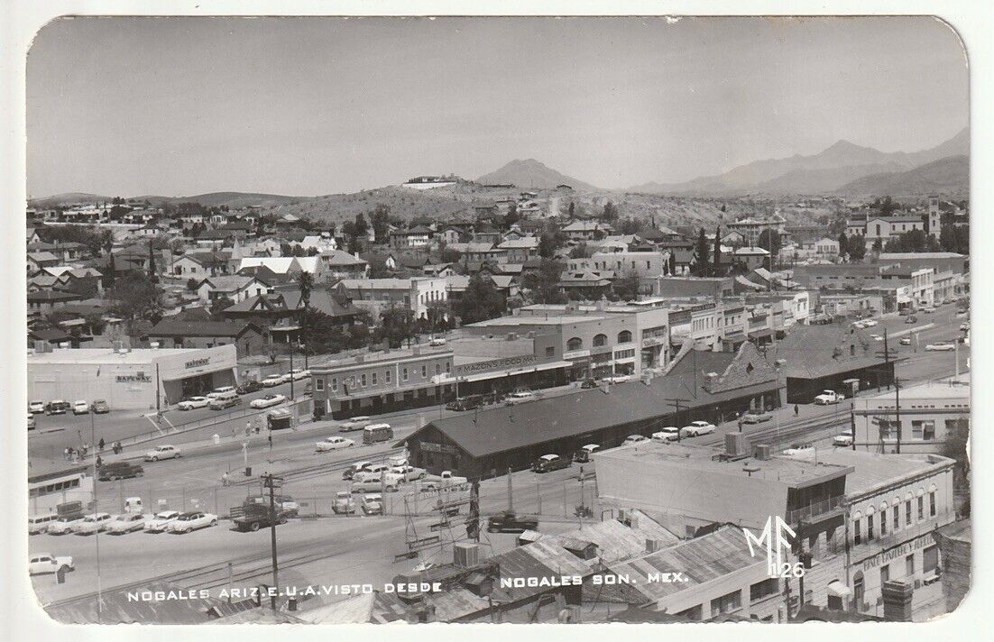 Vintage Nogales, Sonora Mexico RPPC aerial view, buildings, vintage cars