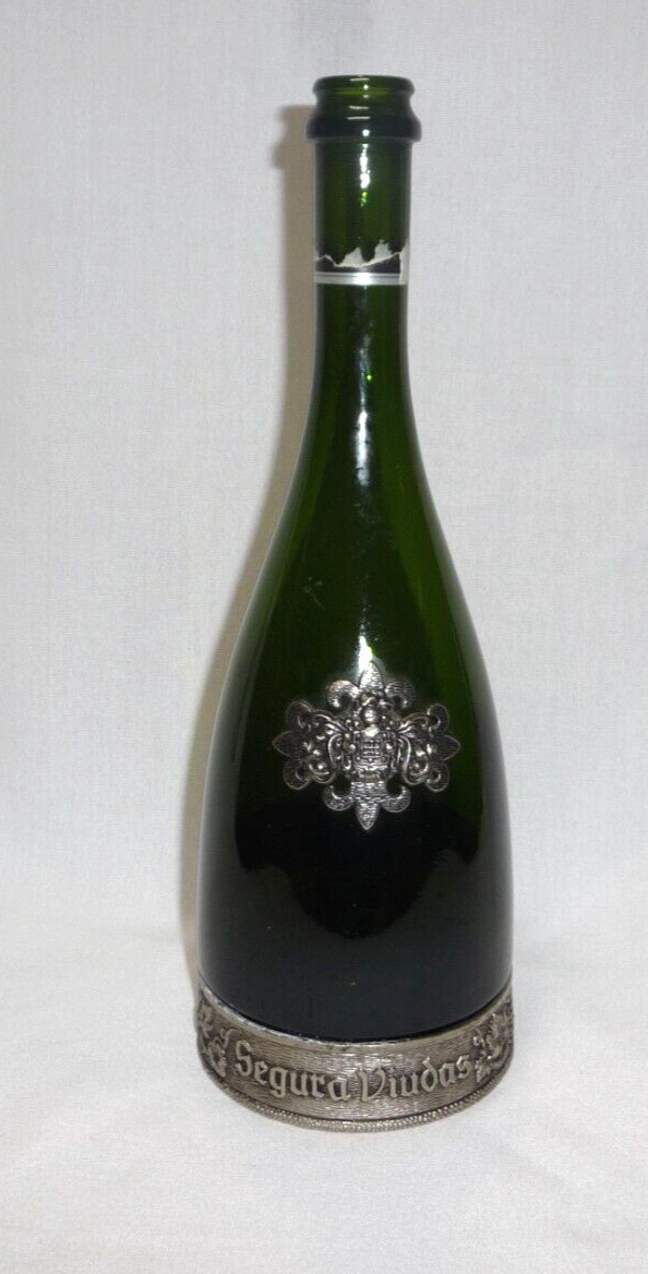 VTG Green Glass Segura Viudas Champagne Bottle With Pewter Accent & Base