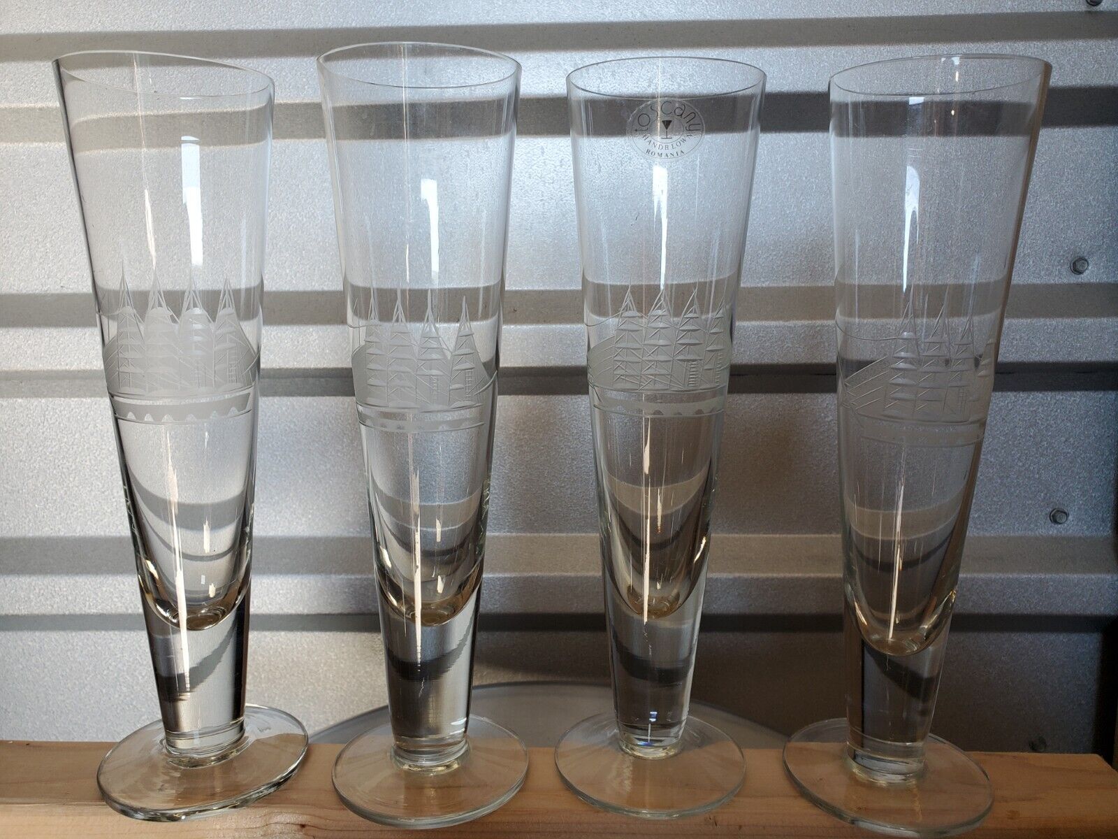 Toscany Pilsner Glasses 4 Etched Hand Blown Hand Cut Clipper Ships Crystal