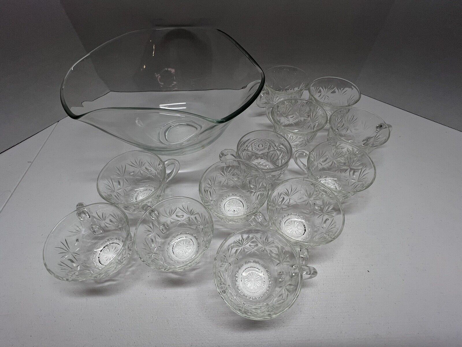 Punch Bowl & Cups Vintage Anchor Hocking Clear Glass Star burst Set Of 12