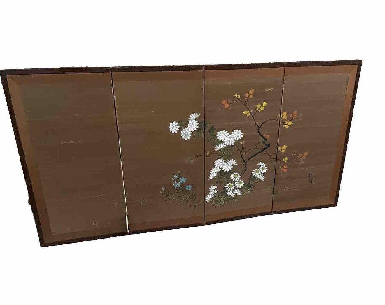 Japanese 4 Panel ATQ Vtg Folding Byobu Screen Asian GOLD Painted 46x24” Vintage