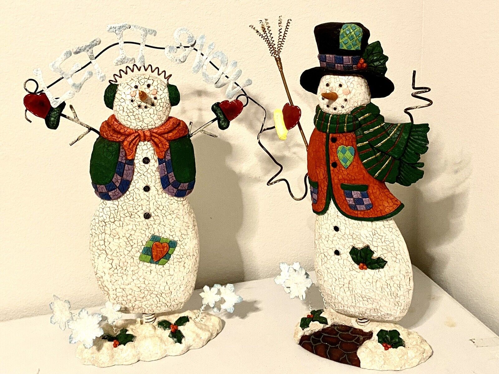 Vintage Spring Loaded Snowman Couple 19” Resin Metal
