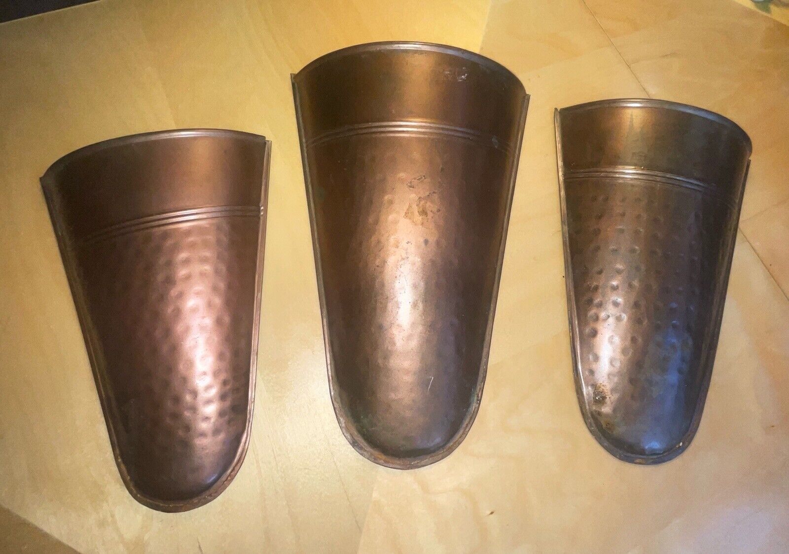 Set 3 Vintage Solid Hammered Copper Wall Pocket Vase Cone Shape 9.5/10.5/11.5”