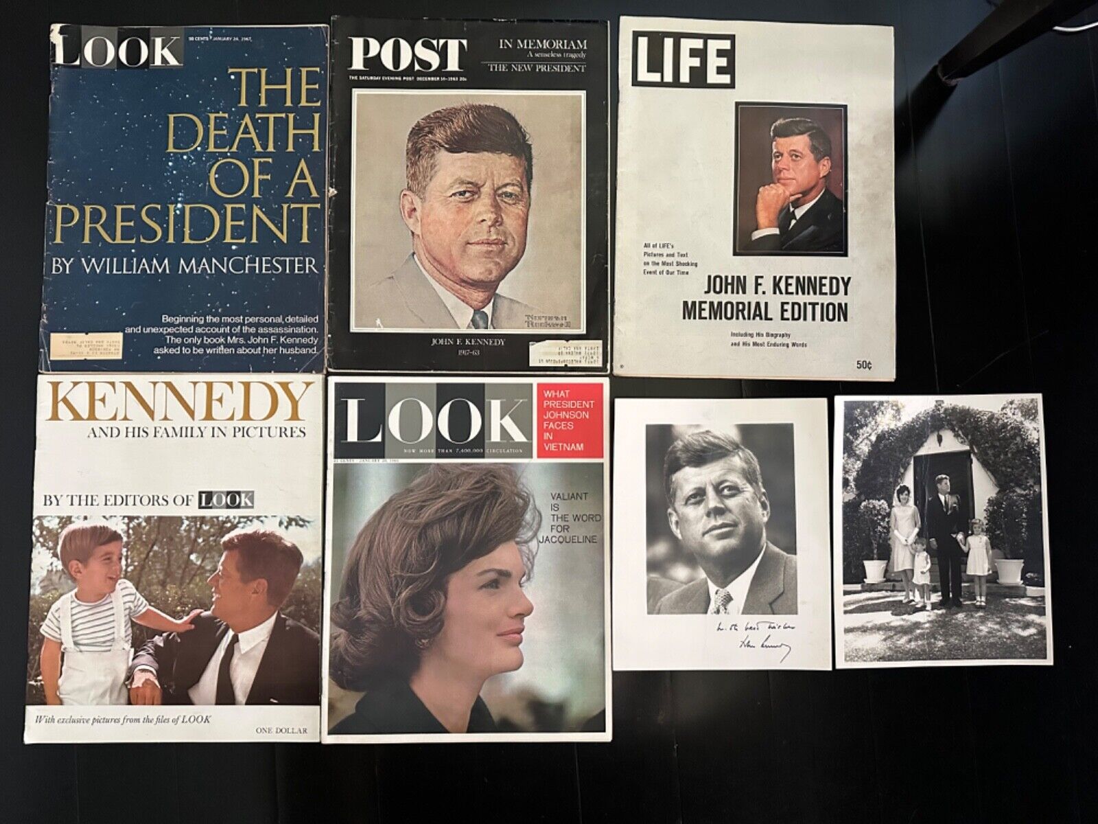 Lot - 5 John F Kennedy Life and Look Magazines, 2 Rare Publicity Photos 1 signed