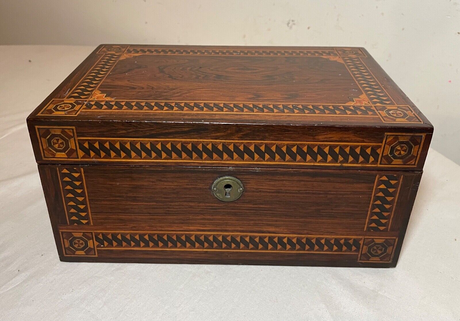 High quality 1800's antique handmade inlaid marquetry wood jewelry dresser box