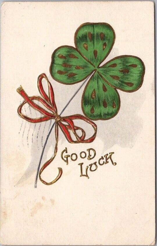 Vintage 1907 GOOD LUCK Embossed Greetings Postcard Four-Leaf Clover / VA Cancel