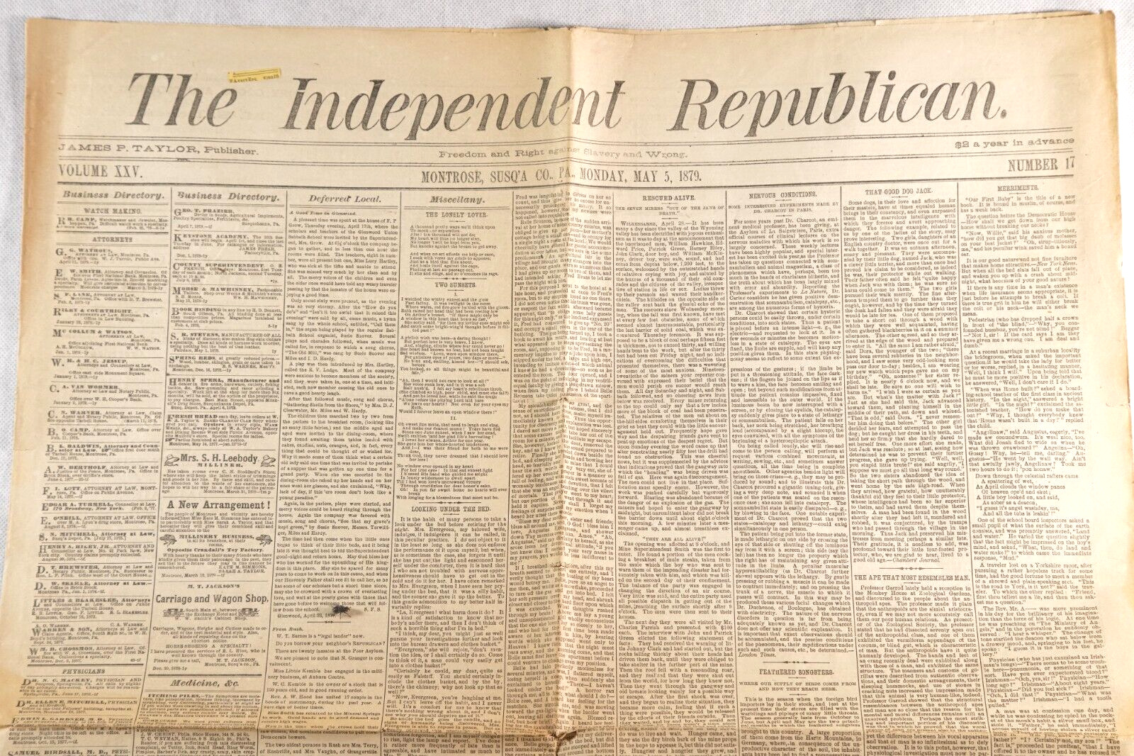 The Independent Republican May 5th 1879 Newspaper, Elgin Watch Advertisement