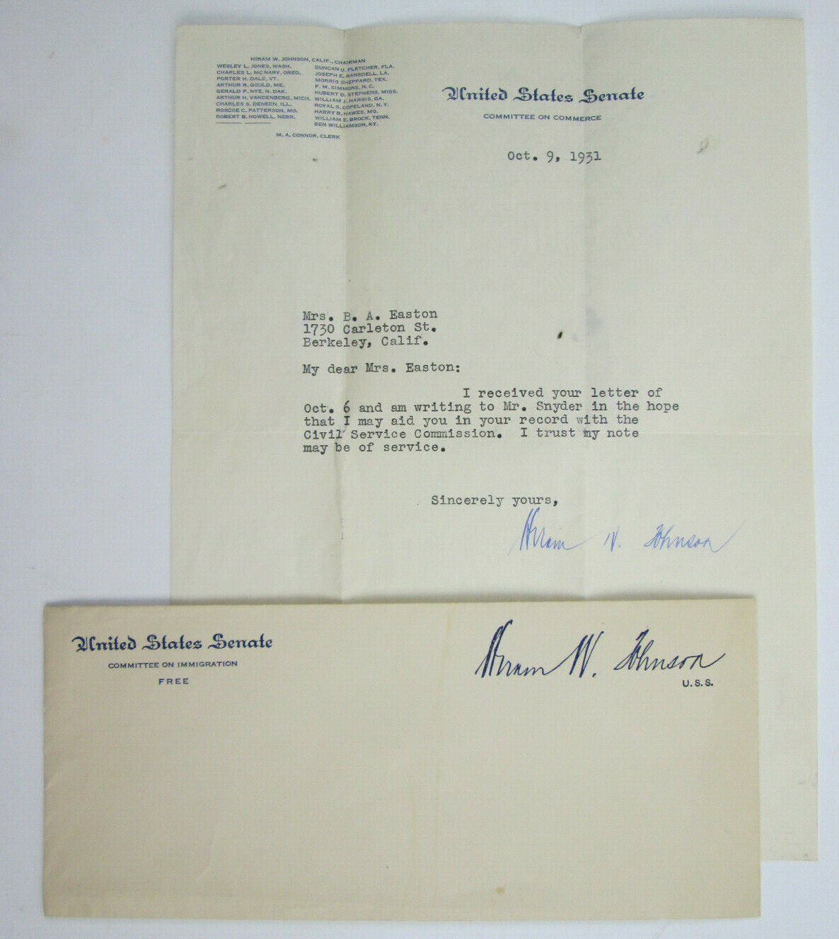 Senator Hiram W Johnson Signed Letter and Envelope 1912 Roosevelt's Running Mate