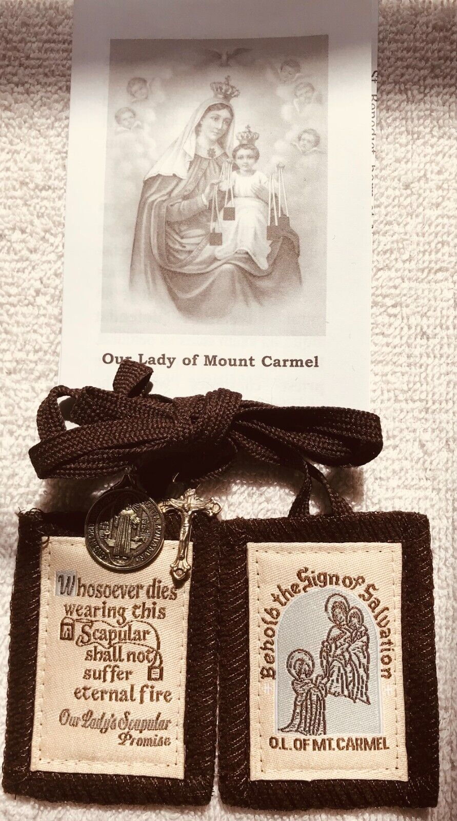 Brown Scapular 100% wool cross and medal- Handmade in USA