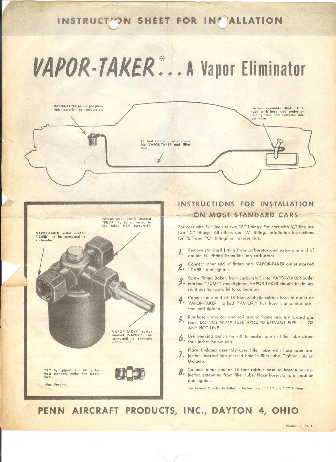 Vintage Automotive Accessory Instruction Advertising Vapor Taker Penn Aircraft