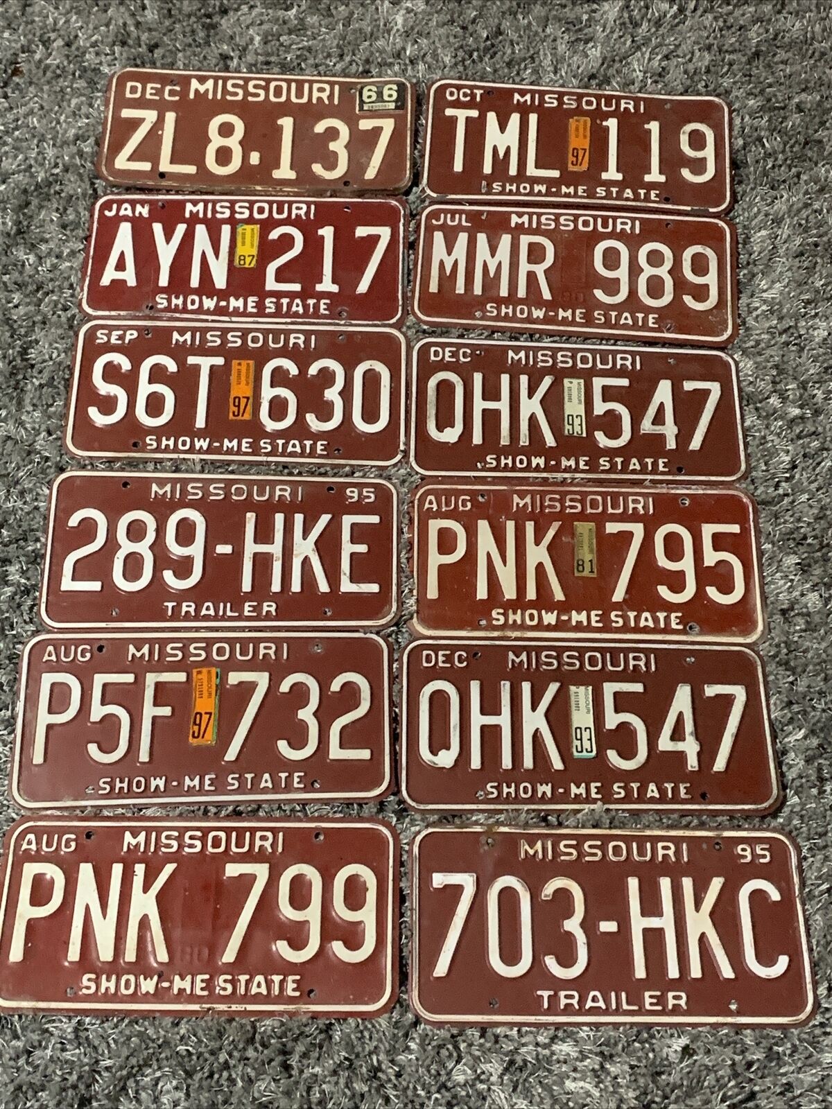 Vintage Missouri License plate lot of 12 early as 66 Maroon and White Garage
