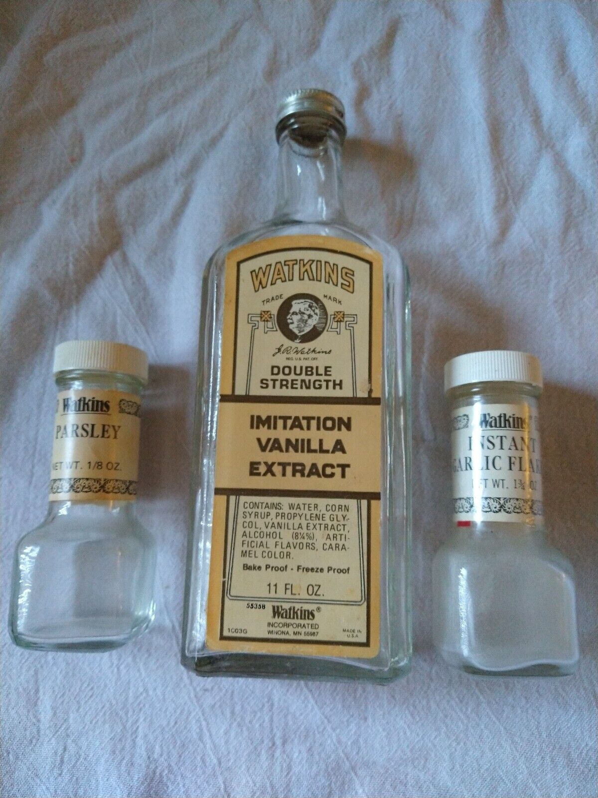 Vintage Watkins Vanilla Extract Clear Glass Bottle w/ Label & 2 Glass Spice Jars