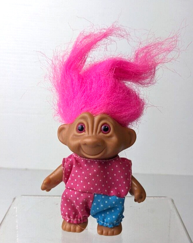 Vintage Troll 3” + height of Pink Hair Brown Eyes w/outfit 1990s
