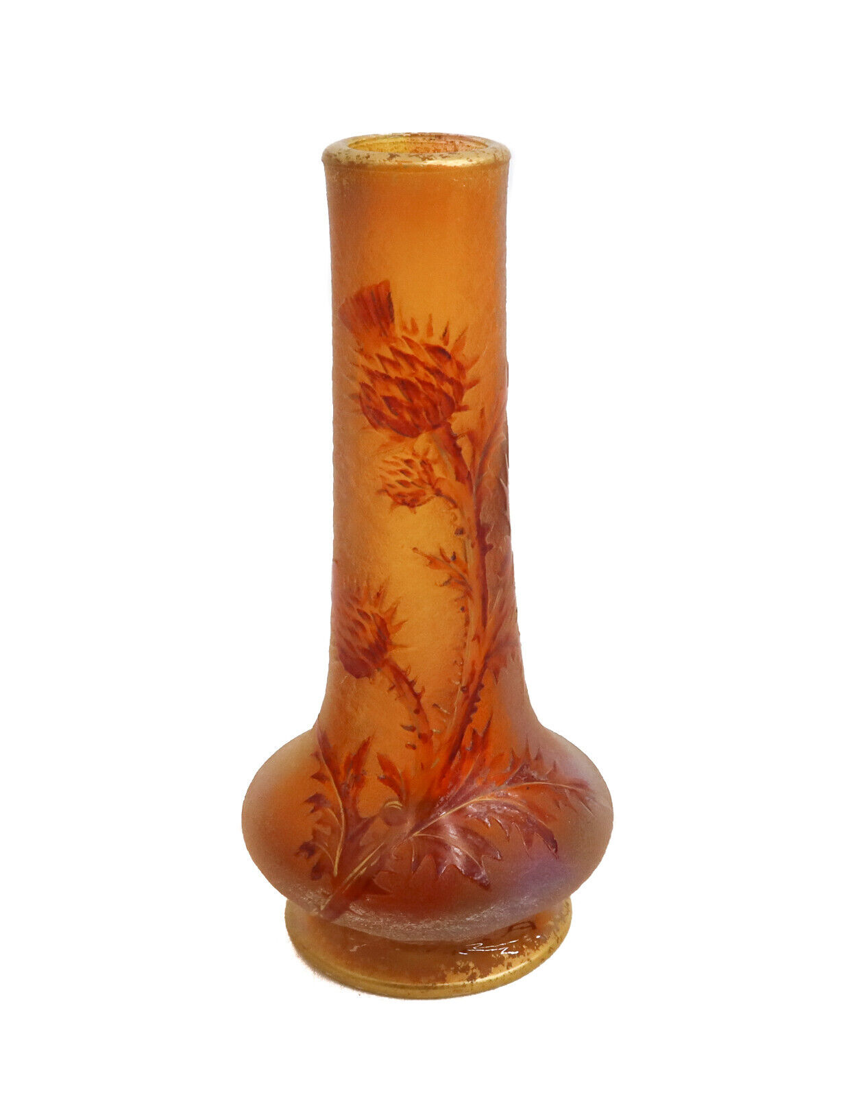 Daum Nancy France Acid Etched Orange and Gilt Thistle Glass Vase c1900