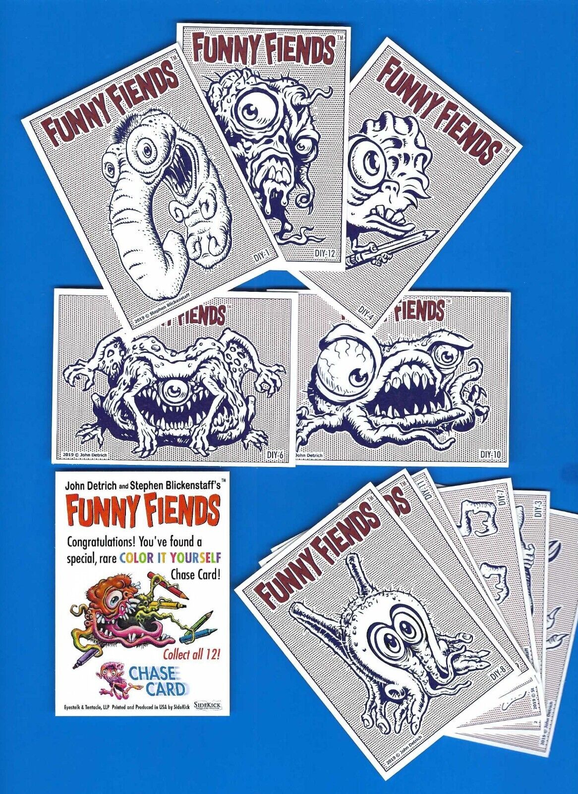 2019 FUNNY FIENDS COMPLETE  SET OF 12 COLOR IT YOURSELF CARDS ALA UGLY STICKERS