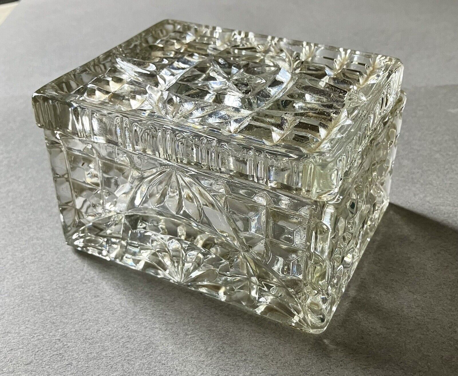 Vintage Rectangular Clear Thick Cut Glass Trinket Box 3.5”w 4.5”l 2.5”h