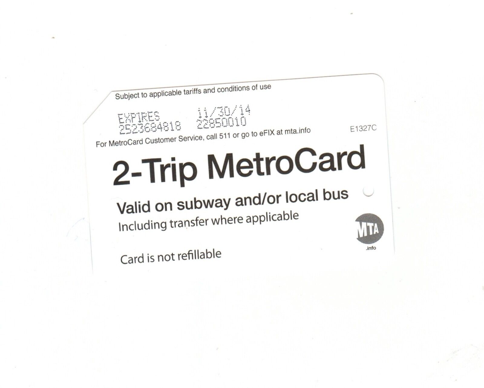 2 Trip Metrocard Expired New York City train Card