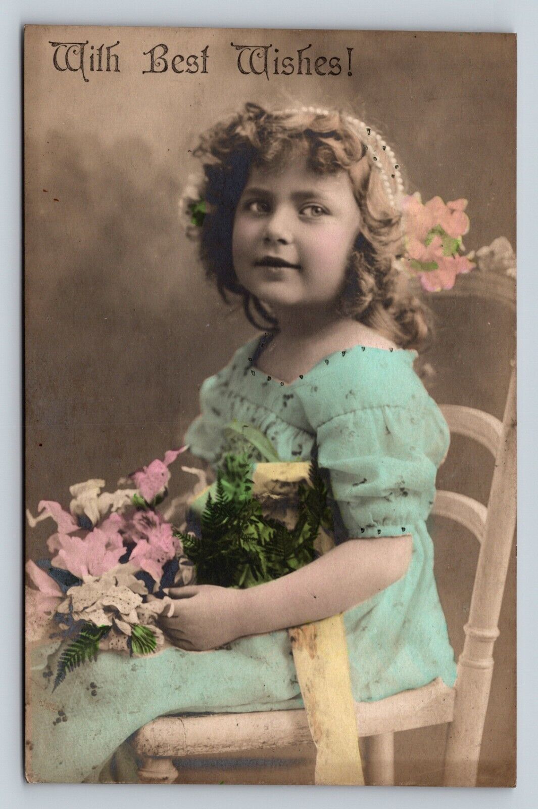 RPPC Dressed Girl Studio Portrait Floral Hand Color Tint ANTIQUE Postcard