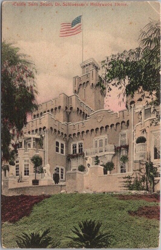 c1910s HOLLYWOOD, Calif. Hand-Colored Postcard CASTLE SANS SOUCI Real Estate Ad