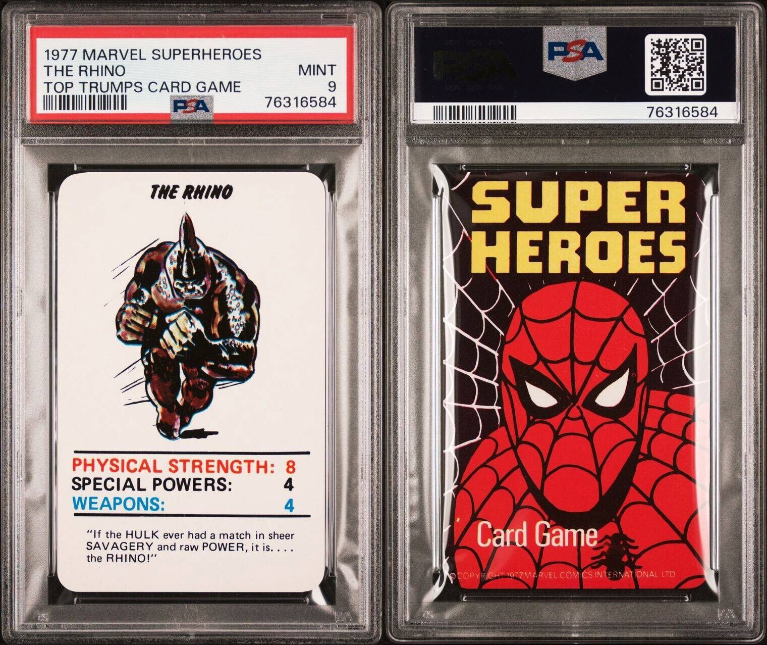 1977 MARVEL SUPERHEROES THE RHINO TOP TRUMPS CARD GAME PSA 9 MINT POP 2 No 10’s
