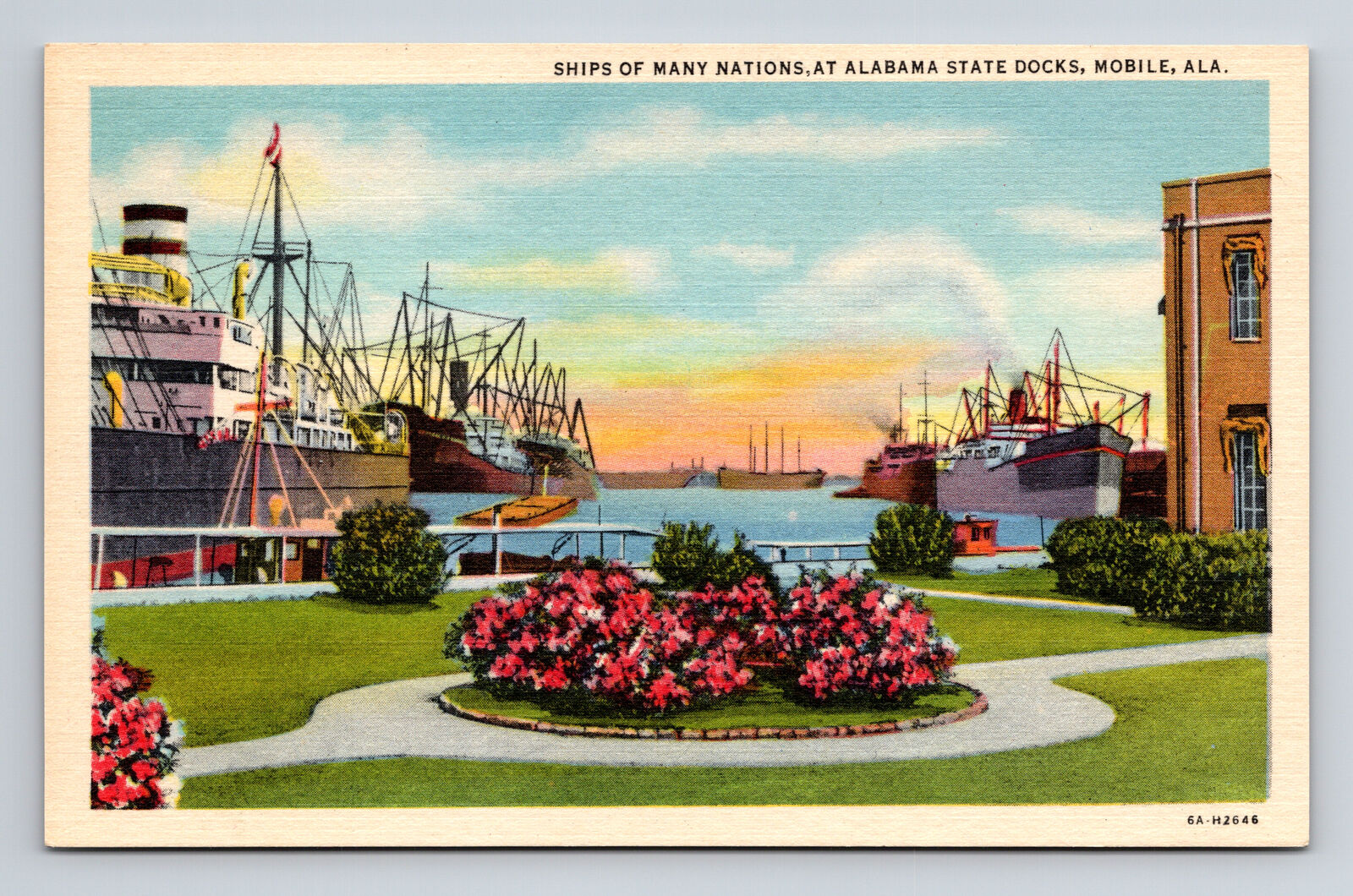 c1946 Linen Postcard Mobile AL Alabama Ships of Many Nations State Docks