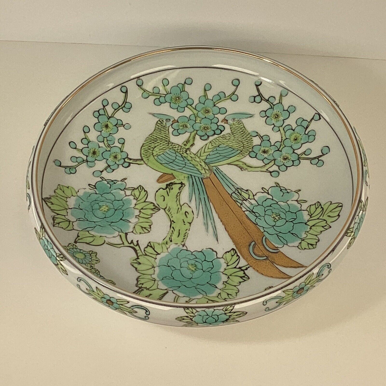 Vintage handpainted porcelain green gold Imari Floral peacocks bowl Japan