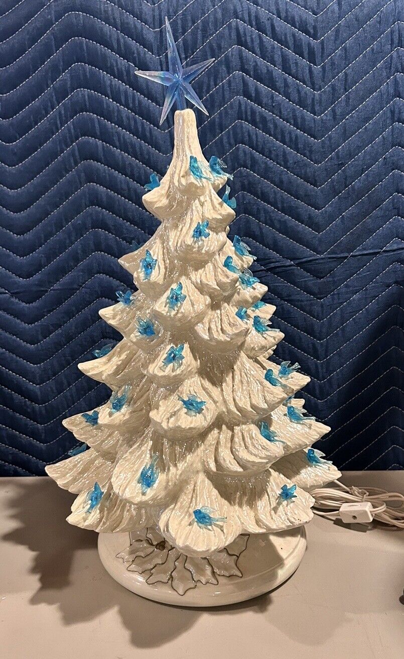 Vintage 12” Ceramic White Christmas Tree With Blue Clear Birds  & Star