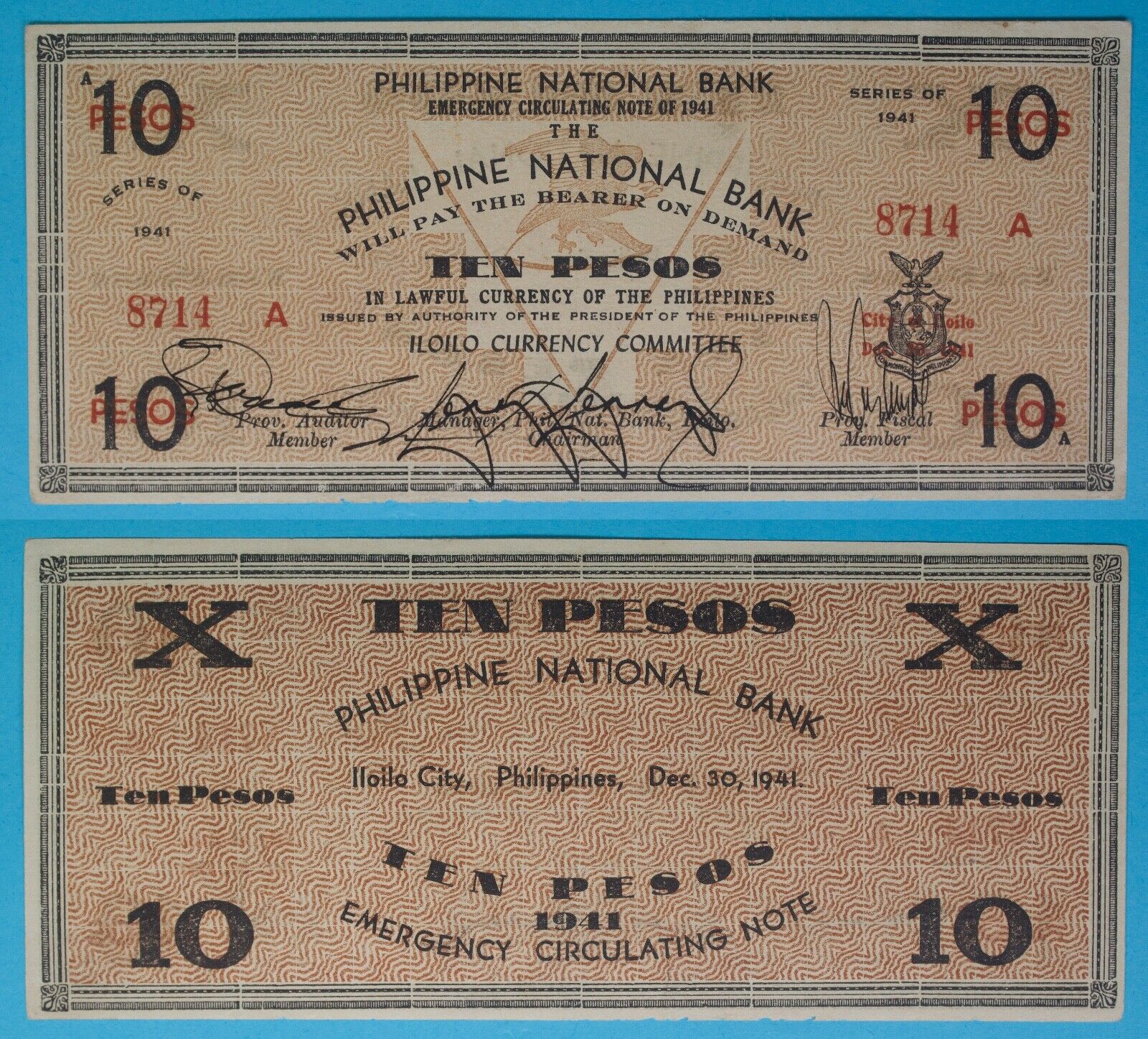 1941 Philippines ~ Iloilo 10 Pesos ~ HAND SIGNED ~ WWII Emergency ~ ILO-108?