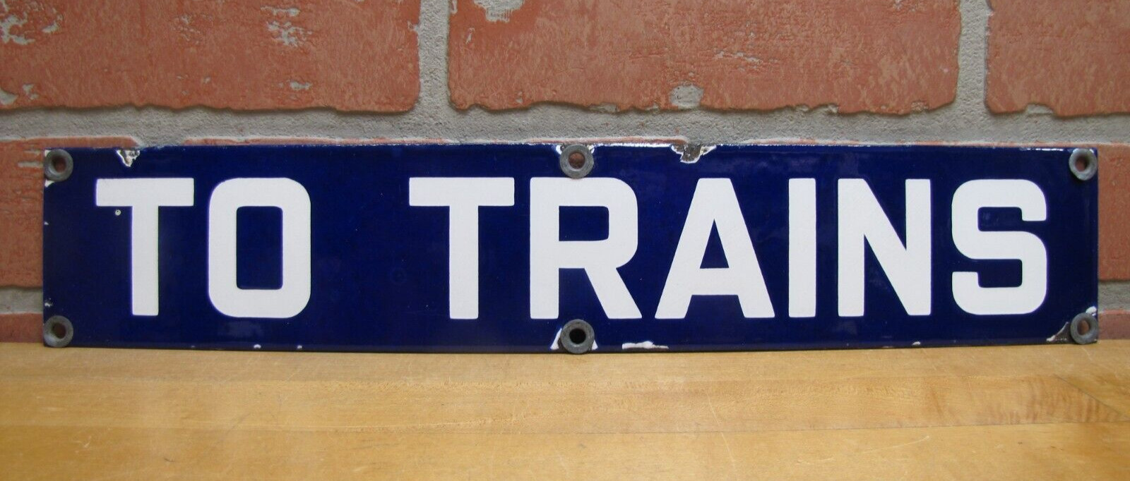 TO TRAINS Original Old Porcelain Train Station Subway Railroad Sign