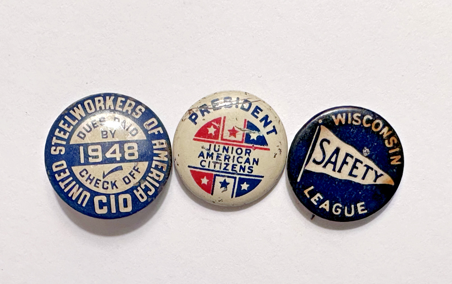3 VNT PINS - WI SAFETY LEAGUE, UNITED STEELWORKERS, JR AMERICAN CITIZENS A984