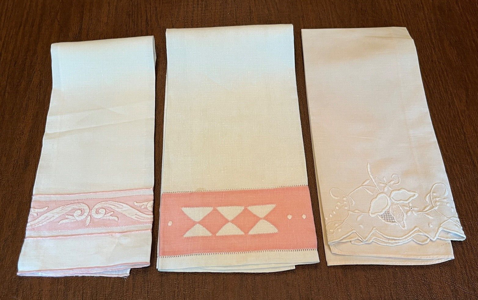 Lot of  3 Vintage White, Pink Linen Guest Hand Towels  Embellished, Embroidered.