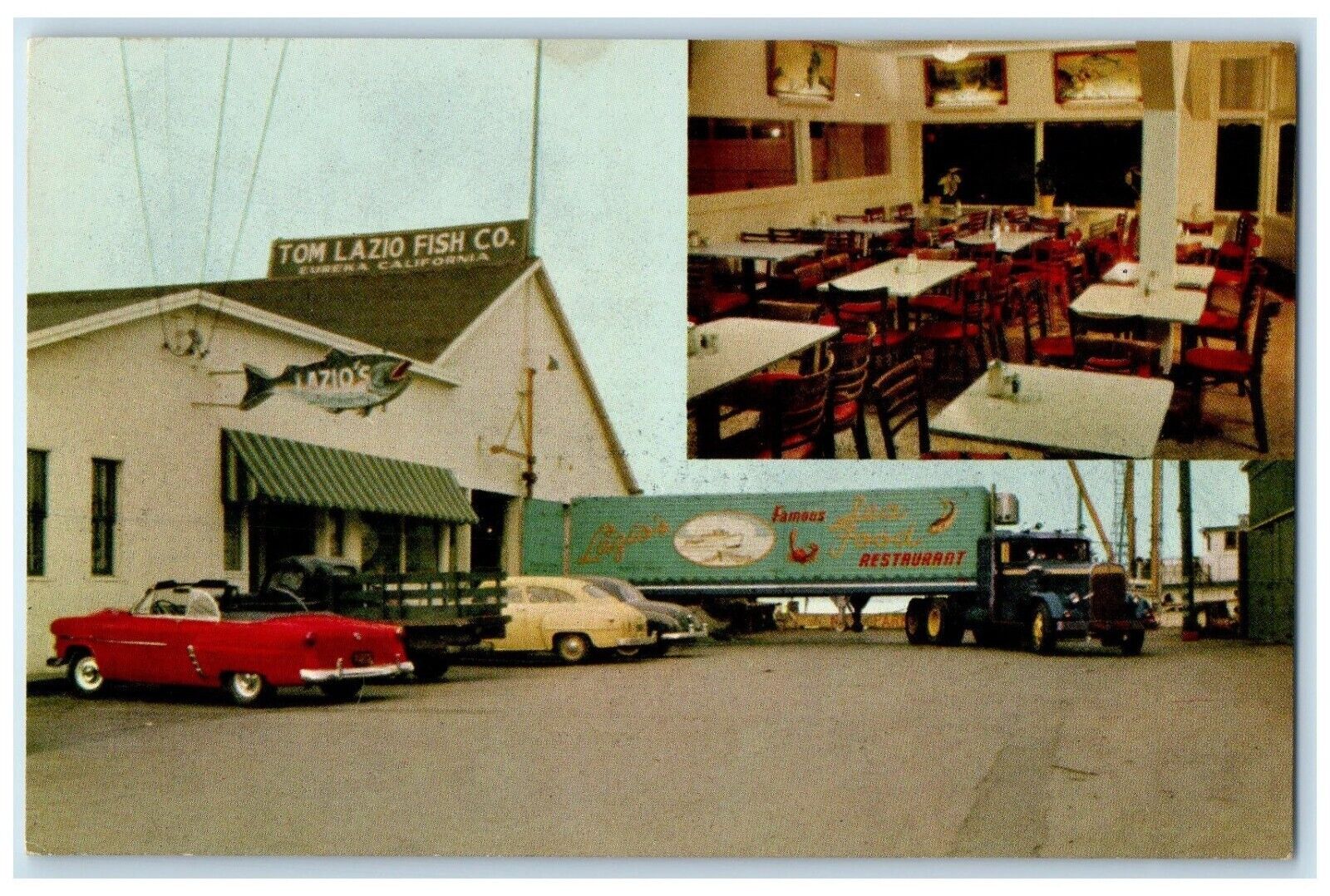 c1950's Lazio's Sea Foods Dining Room Restaurant Eureka CA Dual View Postcard