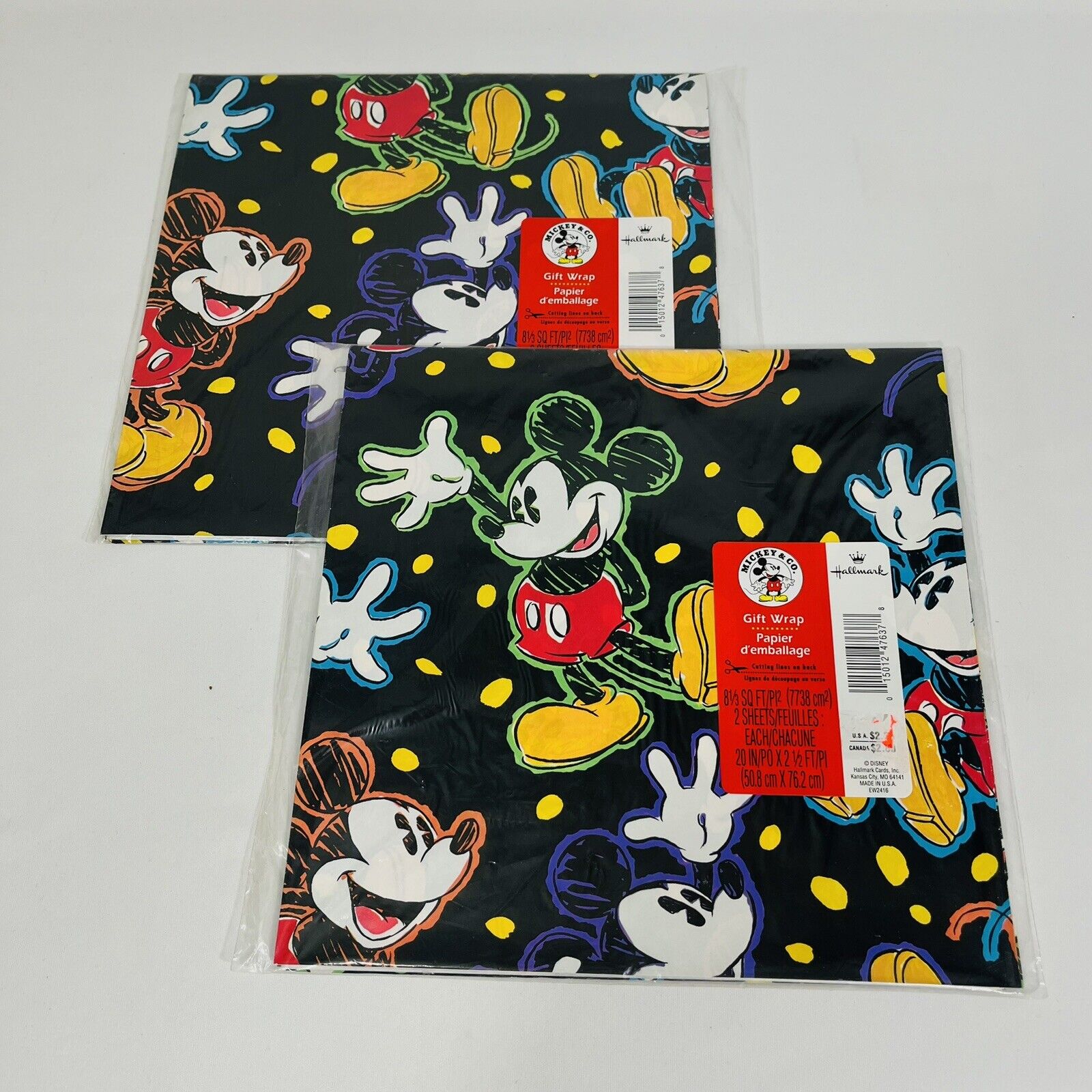 Disney Mickey Mouse Gift Wrap 2 Packs 4 Sheets Wrapping Paper Sealed Hallmark