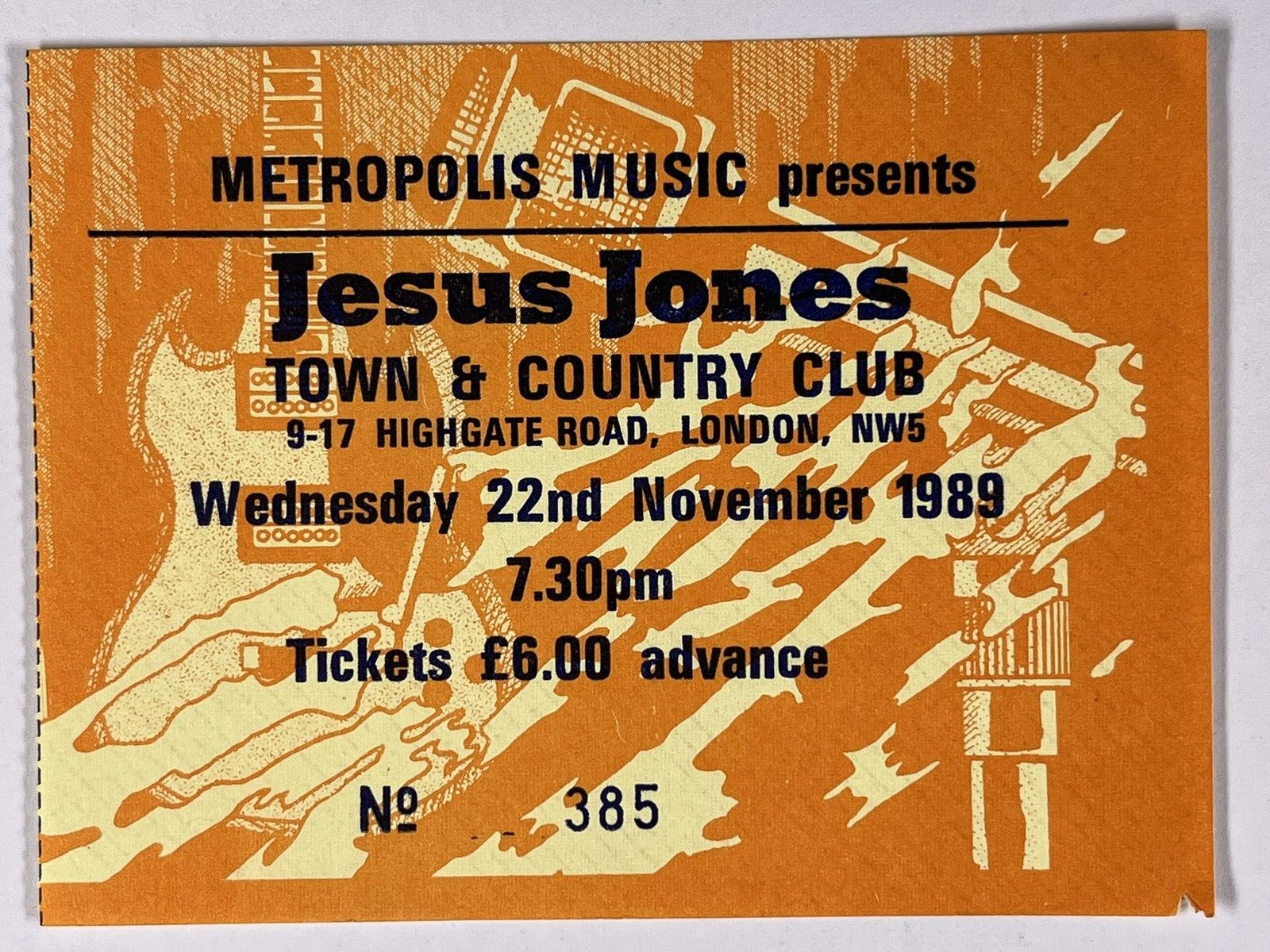 Jesus Jones Ticket Mike Edwards Original  Town And Country Club London Nov 1989