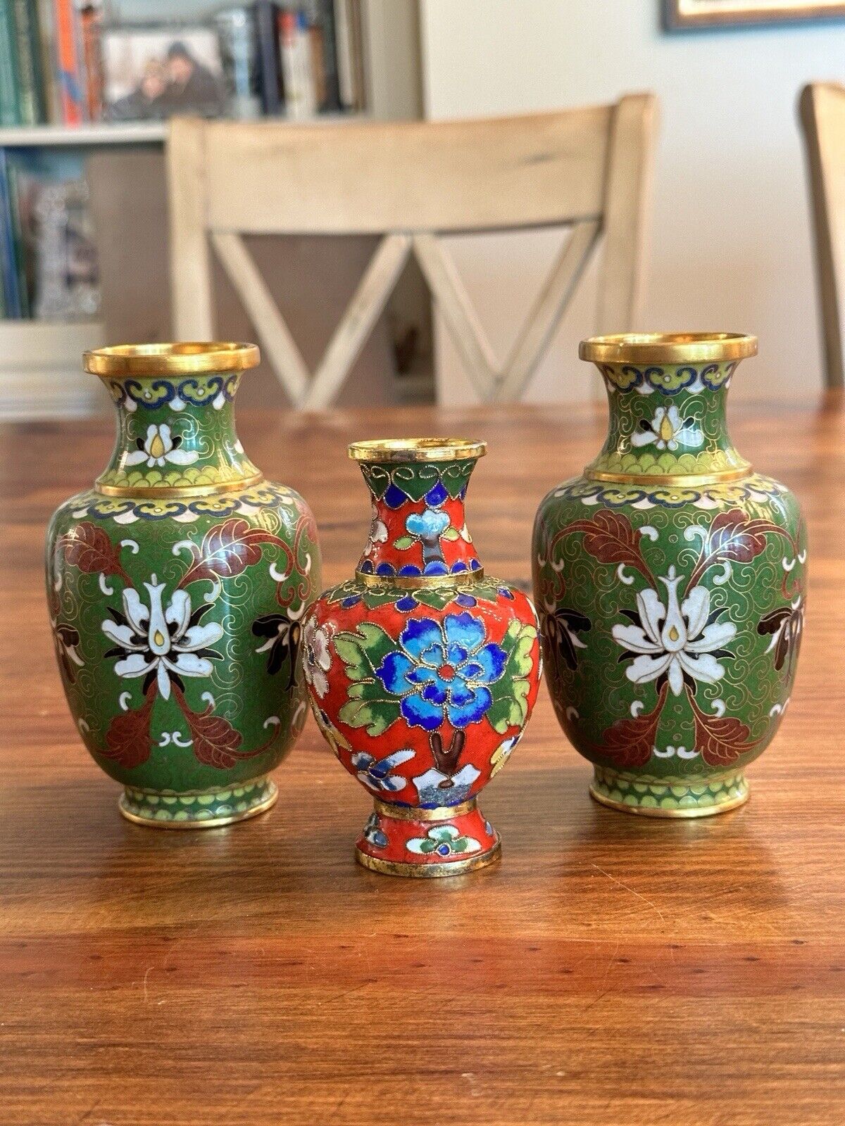 3 Vintage Metal or Brass Cloisonne Enamel Vases Flower patterns beautiful set