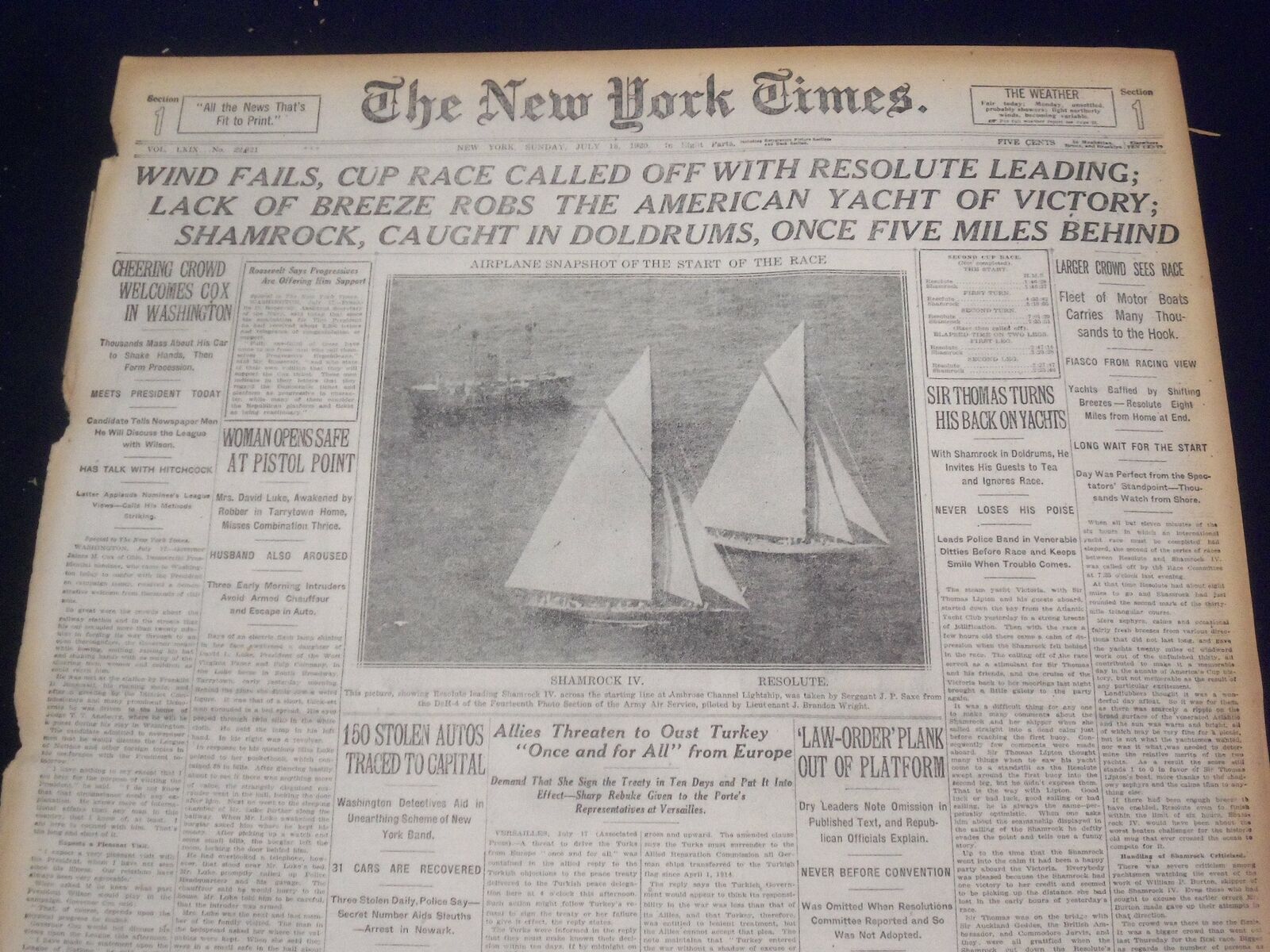1920 JULY 18 NEW YORK TIMES - CUP RACE CALLED OFF WITH RESOLUTE WINNING- NT 9345