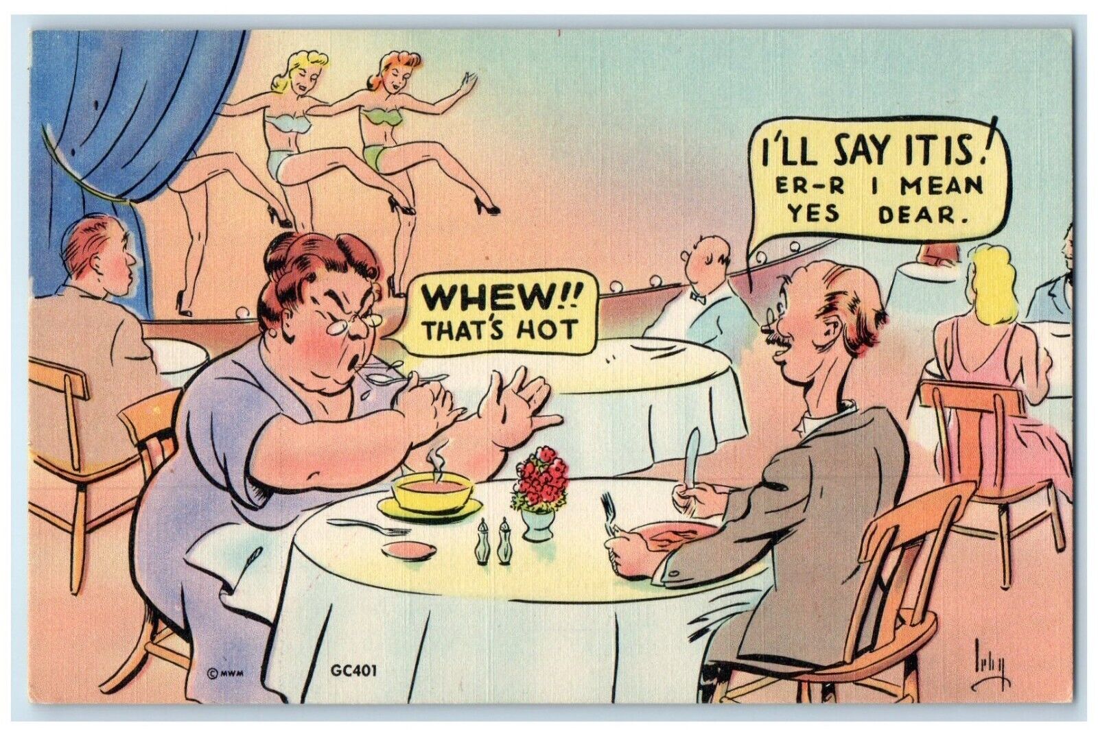 c1930's Couple Having Dinner Sexy Girls That's Hot Unposted Vintage Postcard