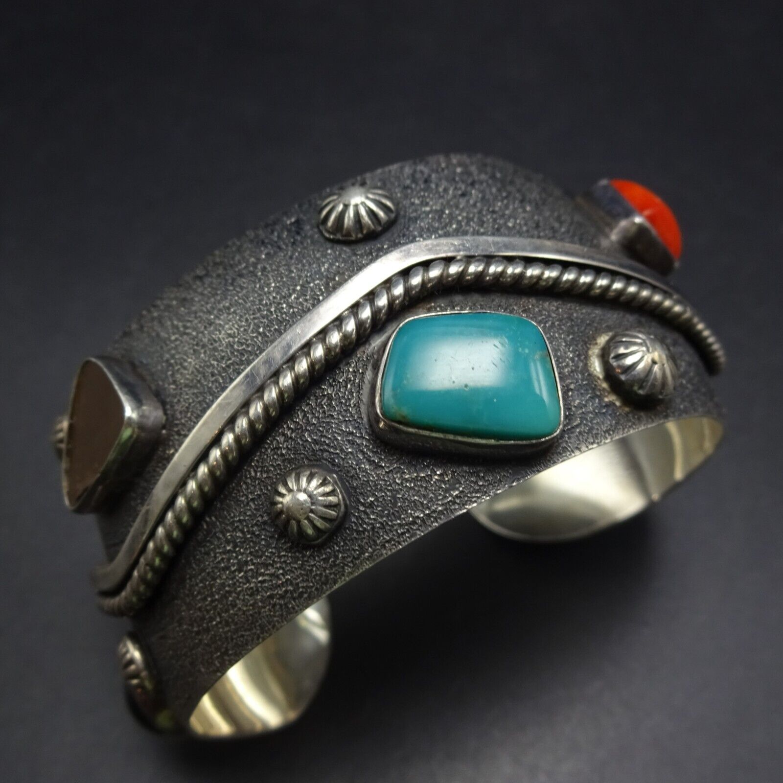 NAKAI Navajo VINTAGE Sterling Silver MULTI STONE Cuff BRACELET Turquoise Coral