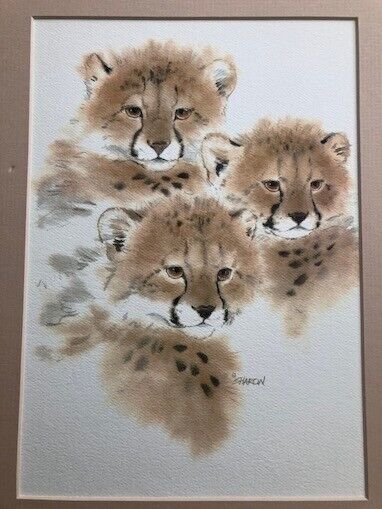 Cheetah Cat Art w Baby Cubs Color Pencil Framed Matte Vintage Hand Drawn Old