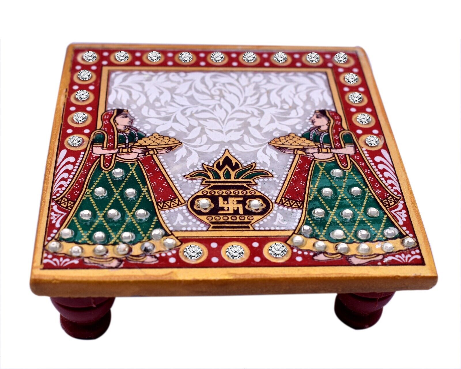 Handmade Small Marble Pooja Chowki with Kalash Panihari Art Design 4x4 Inch