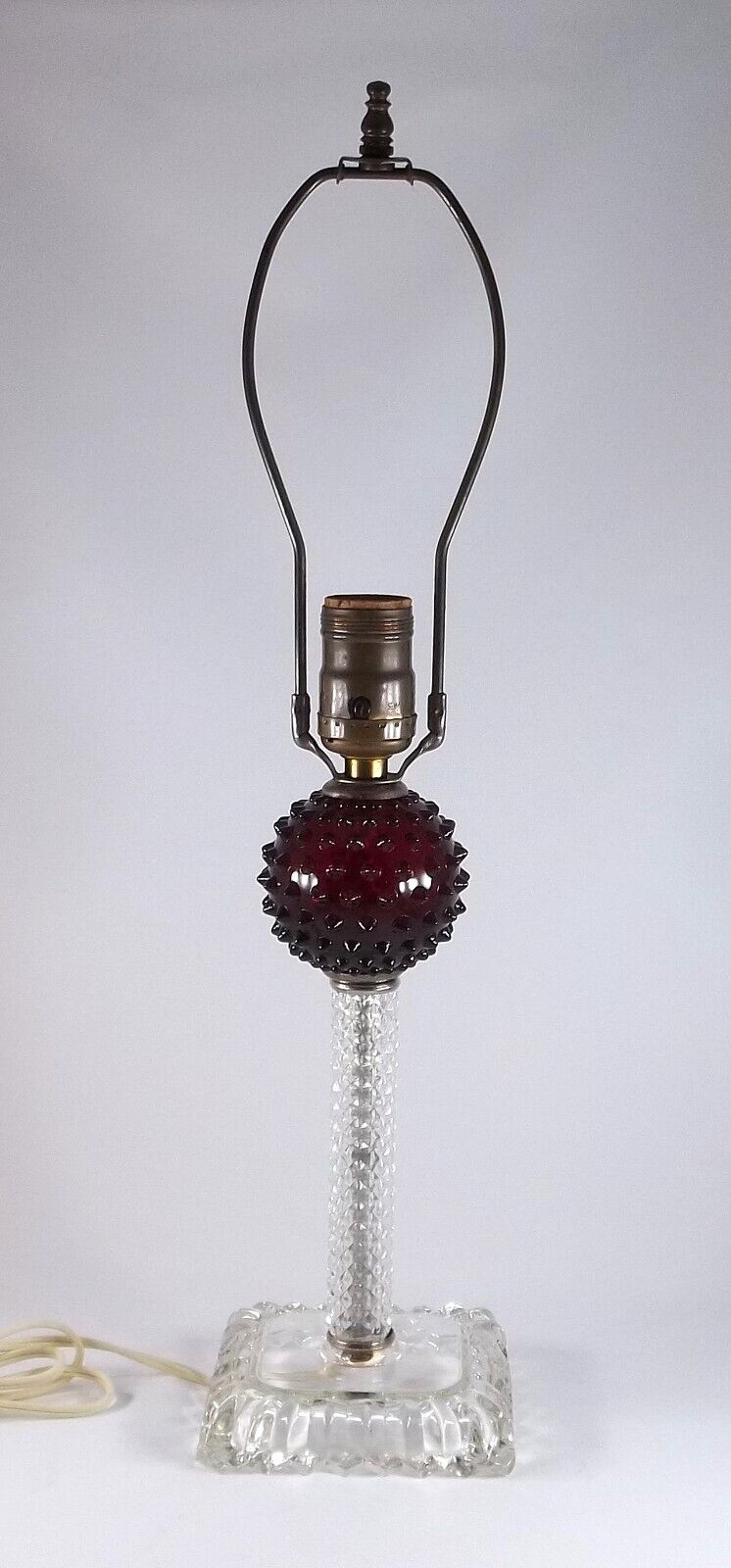Vintage Elegant Glass Table Lamp With Diamond Point Stem & Ruby Red Sphere