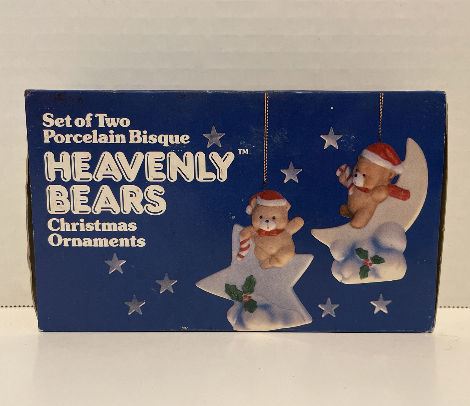 1986 Set Of 2 Christmas Porcelain Bisque Heavenly Bear Ornaments Vintage