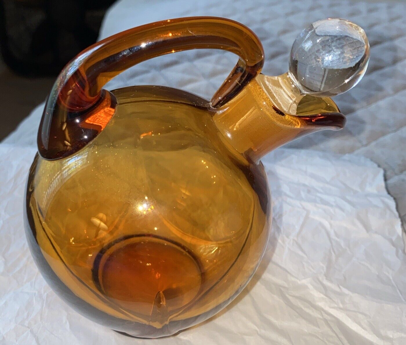 Vintage 1930's Cambridge Amber Glass Tilt Decanter with Clear Stopper