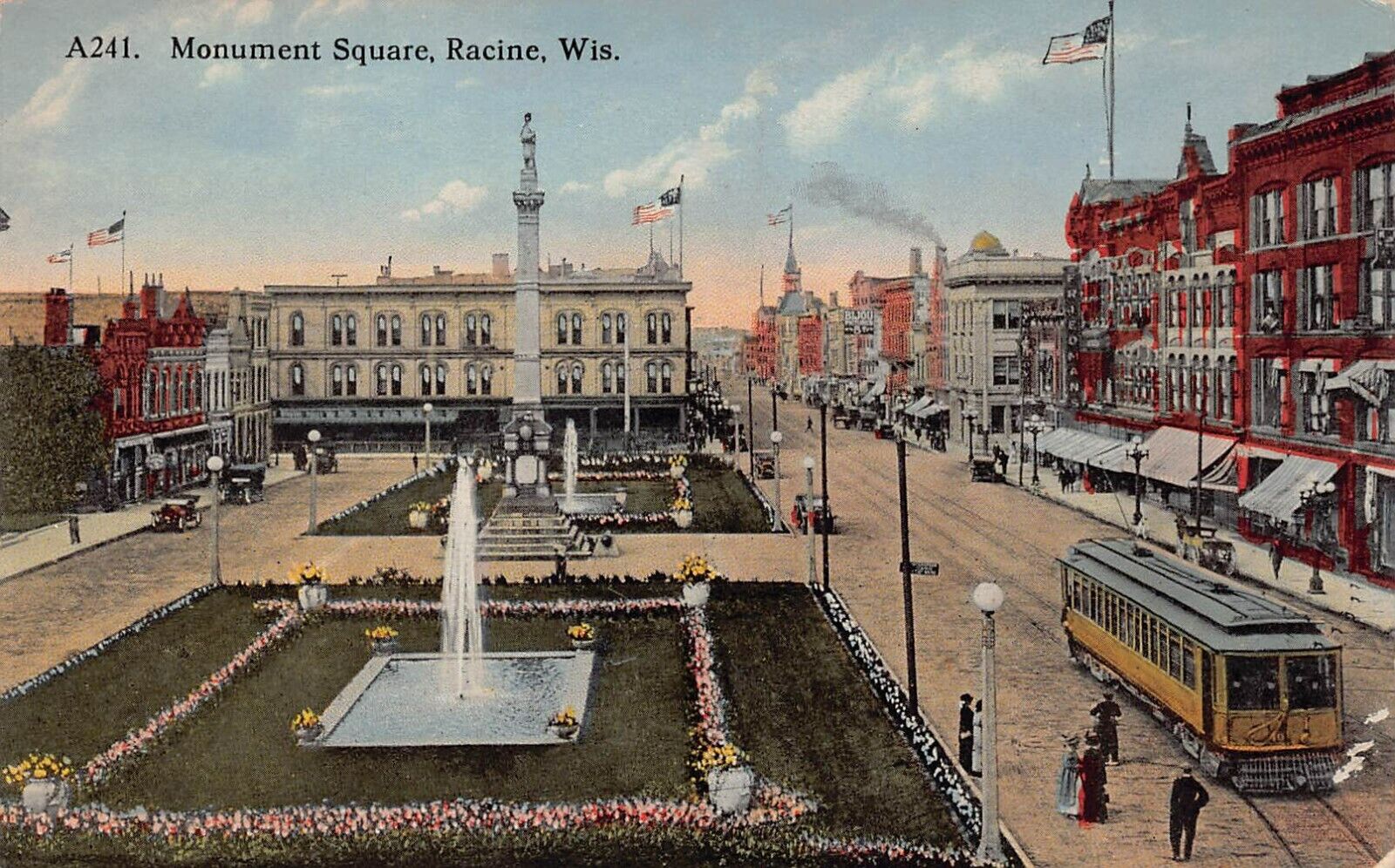 Racine WI Wisconsin Downtown Military Statue Trolley Depot 1910s Vtg Postcard P8