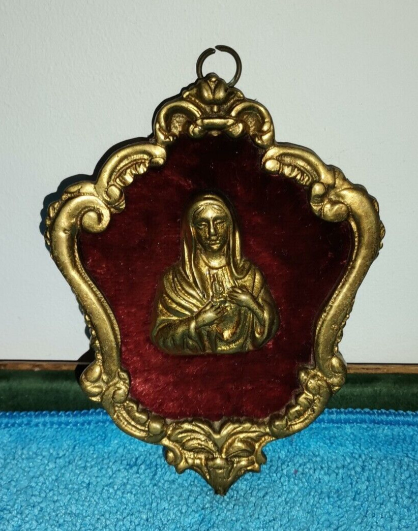 Plaque Small Antique Sagrado Coração de Maria Solid Brass