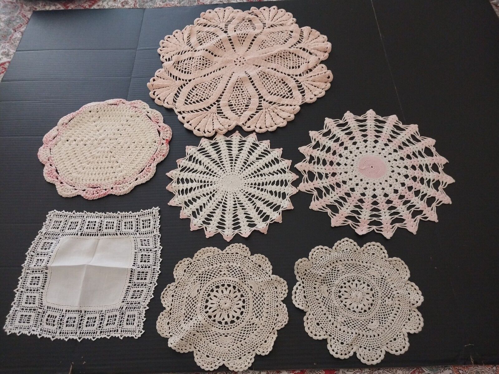 Estate Sale Find* Handcrafted Lot of 7 White * Pink* Off white Handmade Doilies.
